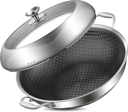 DELARLO Tri-Ply Stainless Steel Wok Pan With Lid 14 Inch Non stick,Woks & Stir-Fry Pans Nonstick 6QT Deep Frying Pan, Induction Saute Pan With Lid,Dishwasher and Oven Safe
