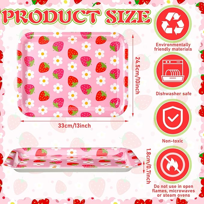 Tioncy 3 Pcs Strawberry Birthday Party Plates Pink Plastic Serving Tray for Summer Berry First Birthday Decoration, 13 x 10 Inch
