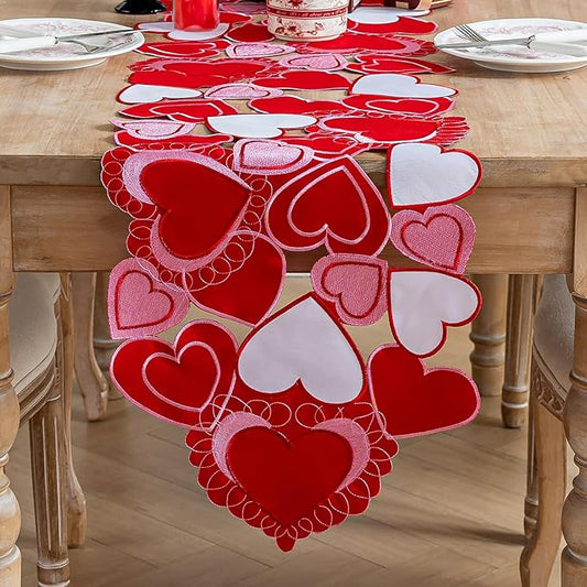 Valentines Day Table Runner, Embroidered Sweet Red Love Heart Table Runners, for Mother’s Day, Wedding Anniversary, Marriage Proposals, Engagements, Romantic Events Parties Decoration (14 ×33 inch)