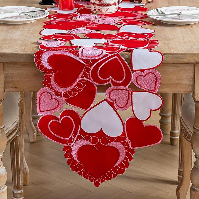 Valentines Day Table Runner, Embroidered Sweet Red Love Heart Table Runners, for Mother’s Day, Wedding Anniversary, Marriage Proposals, Engagements, Romantic Events Parties Decoration (14 ×86 inch)