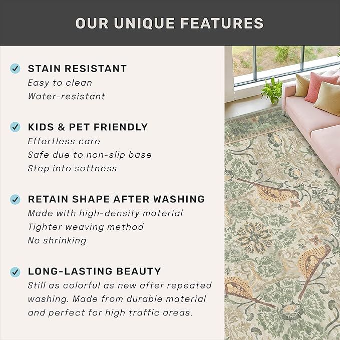 Sage Floral Kitchen Runners - 2x5 Runner Rug for Hallway Bathroom Laundry Room Bedroom Beside Bed Entryway, Boho Birds Leaves Patterned Non Slip Low Pile Washable Rugs