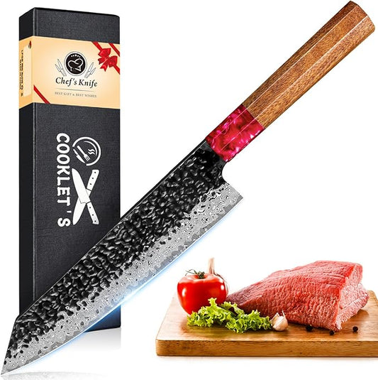 COOKLET'S Kitchen Knife, 8 Inch Damascus Sharp Kiritsuke Knife, Professional Japanese VG10 Steel Core Chef Knife, G10 Ergonomic Color Wooden Handle with Luxury Gift Box for Home