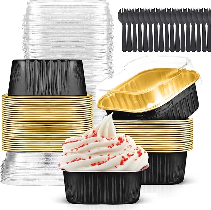 Findful 10oz Mini Cake Pans with Lids (40 Pack) Aluminum Foil Square Cupcake Liners Brownie Baking Cups,Disposable 4”x4” Large Cupcake Pan,Jumbo Muffin Tin Ramekins Holders