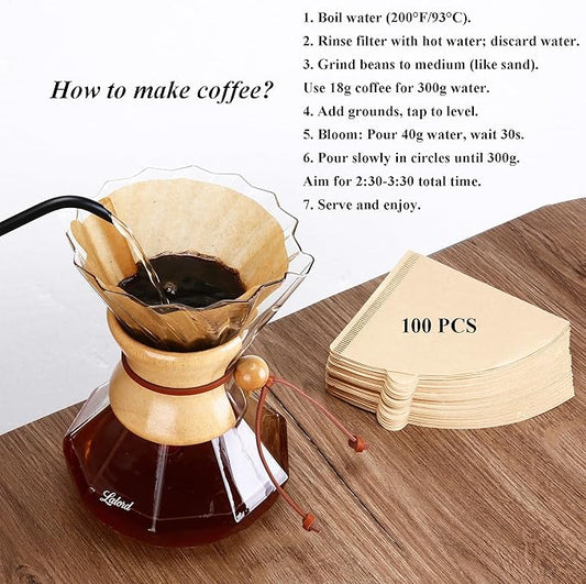 Lalord Pour Over Coffee Maker, 19 oz Borosilicate Glass Coffee Carafe with 100 PCS V60 Paper Filter, Wooden Collar & Cowhide rope, Glass Coffee dripper (Clear, 550 ml)
