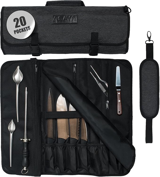 Asaya Chef Knife Roll Bag - 20 Total Pockets for Knives and Kitchen Utensils - Made with Stain Resistant Waxed Nylon - For Chefs and Culinary Students - Knives Not Included(Black)