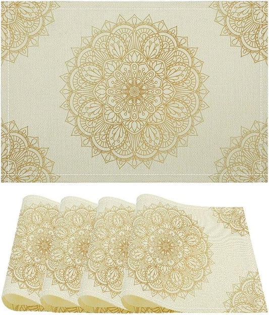 Boho Mandala Placemats Set of 4 Bohemia Floral Art Printed Dining Table Mats for Restaurant Home Kitchen Holiday Picnic Party Decor 12x18in