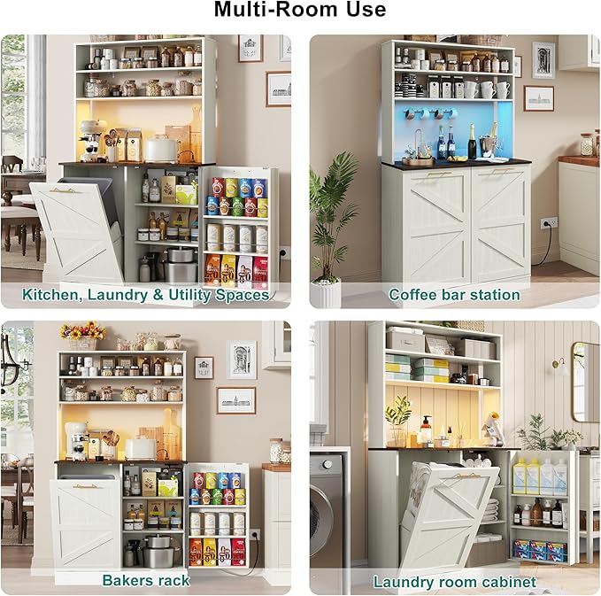 63" H Pantry Cabinets with 10 Gallon Trash Can,Led Light,Outlet,35" W Kitchen Hutch with Tilt Out Trash Can Cabinet,Farmhouse Cupboard with Large Countertop