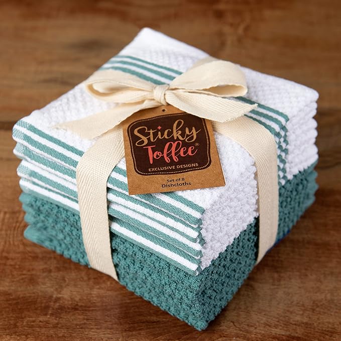 Sticky Toffee Cotton Dishcloths Set of 8 – Blue and White Dish Towels 12x12 in, Reusable and Absorbent Tea Towels for Cleaning or Drying, Oeko-Tex Cotton