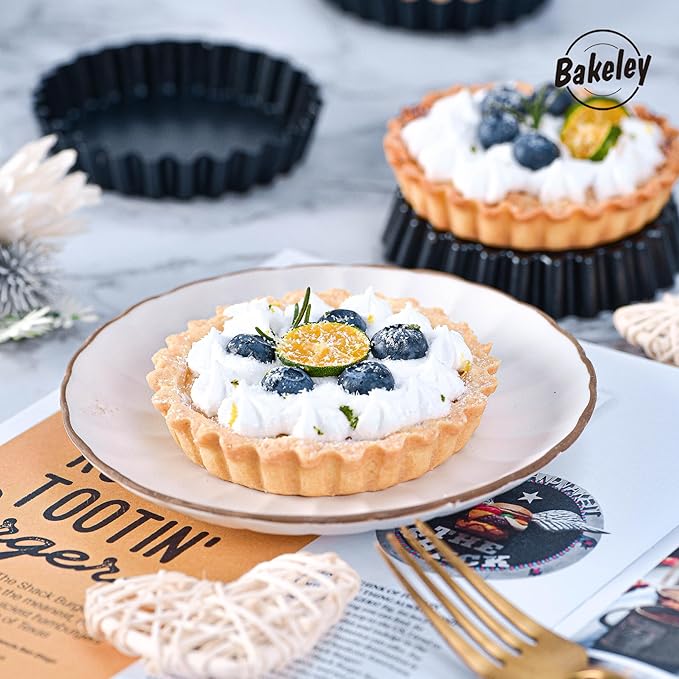 Bakeley Mini Tart Pan Set, 4-Inch 4pcs with Removable Loose Bottom Non-Stick Round Quiche Bakeware for Oven and Instant Pot Baking (Black)