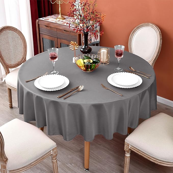 MEANMOY 2 Pack Grey 210 GSM Water & Stain Resistant Round Tablecloth - Solid 60 Inch Circle Table Cloth Cover in Wrinkle Free Washable Wipe Clean Polyester for Wedding, Party, Banquet (2 Pcs)