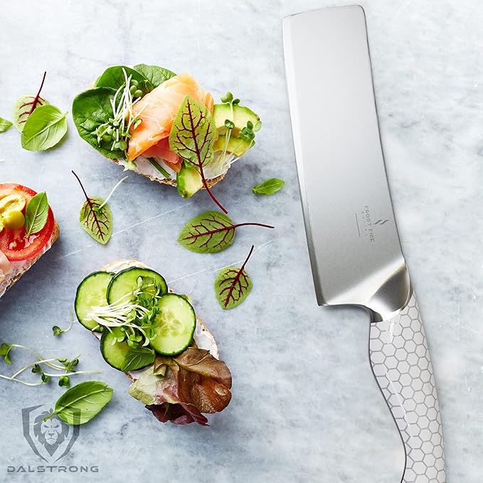 Dalstrong Nakiri Knife - 6.5 inch - Frost Fire Series - High Chromium 10CR15MOV Stainless Steel Vegetable Knife - Frosted Sandblast Finish - White Honeycomb Handle - Leather Sheath - NSF Certified