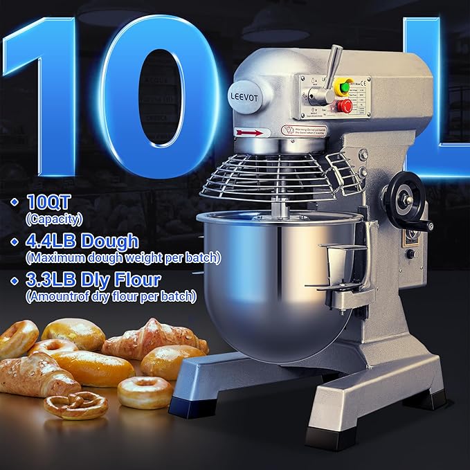 EKway Commercial Food Mixer 10Qt,500W Commercial mixer 3-Speed Adjustable with Timing Function, Industrial Dough Mixer with Stainless Steel Bowl for Bakery Pizzeria (Upgrade)