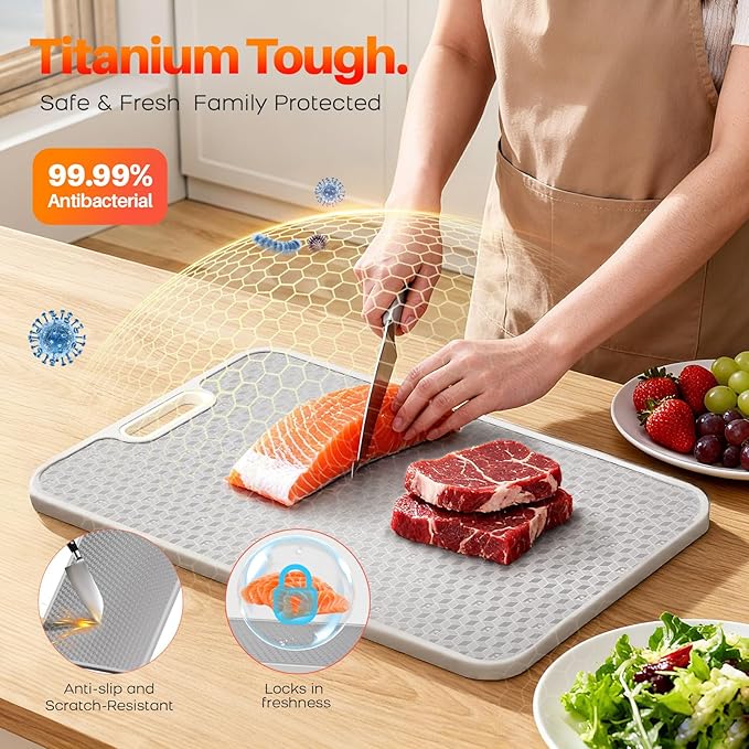 Titanium Cutting Board for kitchen, Dual Sided Food Grade Titanium & Wheat Straw PP, Non Slip Scratch Resistant Easy Clean, 15.5" x 10.5"