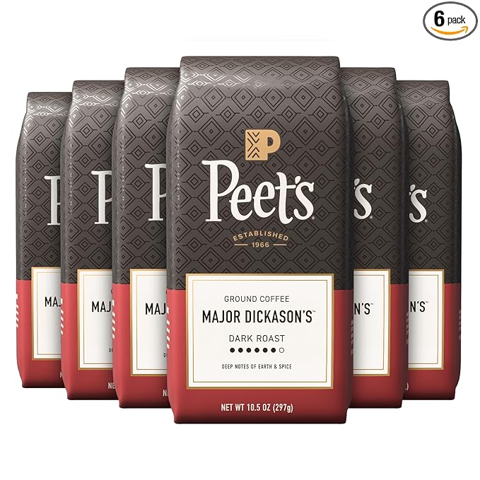 Peet's Coffee, Dark Roast Ground Coffee - Major Dickason's Blend 63 Ounces (6 Bags of 10.5 Ounces)