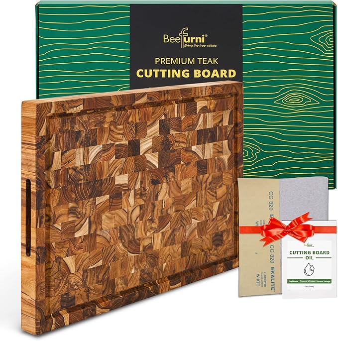 BEEFURNI Teak Wood End Grain Cutting Board (L, 22x16x1.5"), Large Wooden Cutting Boards for Kitchen, Charcuterie Boards, Premium Wood Cutting Board, Serving Board, Christmas Gifts, 1-Year Warranty