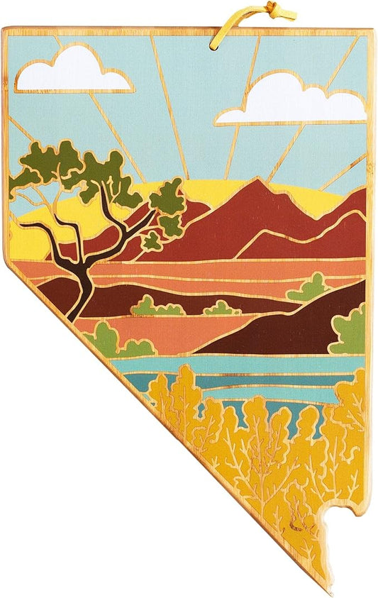 Totally Bamboo Nevada State Shaped Cutting Board and Charcuterie Serving Platter with Artwork by Summer Stokes, Includes Hang Tie for Wall Display Varies
