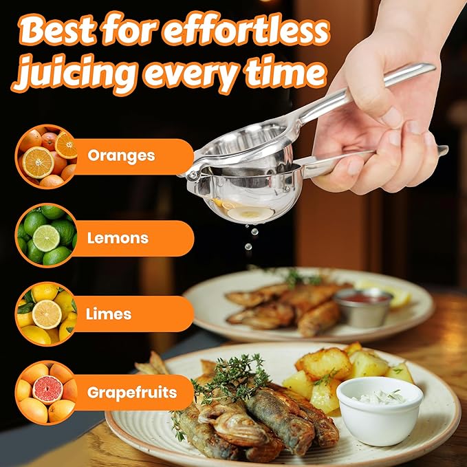Stainless Steel Lemon Squeezer | Heavy Duty Handheld Juicer with X-Large Bowl | Premium Manual Citrus Press | Stainless Steel Lemon Lime Squeezer & Juicer Hand Press | Rust-Resistant, Dishwasher Safe