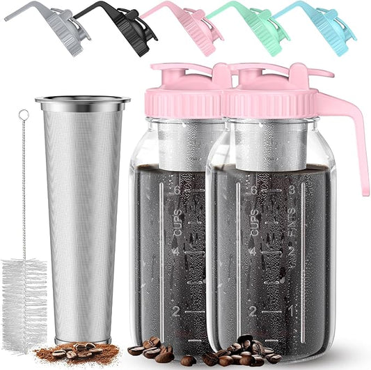 AHOMSEL Cold Brew Coffee Maker Jar - 2 Pack 64 oz Glass Cold Brew Maker with Handle, Stainless Steel Filter & Leak-Proof Lid, Heavy Duty Cold Brew Pitcher for Iced Coffee, Sun Tea, and Milk