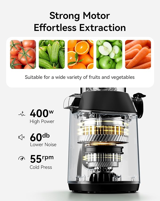 Cold Press Juicer, EUHOMY 5.6" Wide Feed Chute Juice Extractor Machine with 400W, High Juice Yield, Slow Masticating Juicer for Whole Vegetables & Fruits, Deep Gray