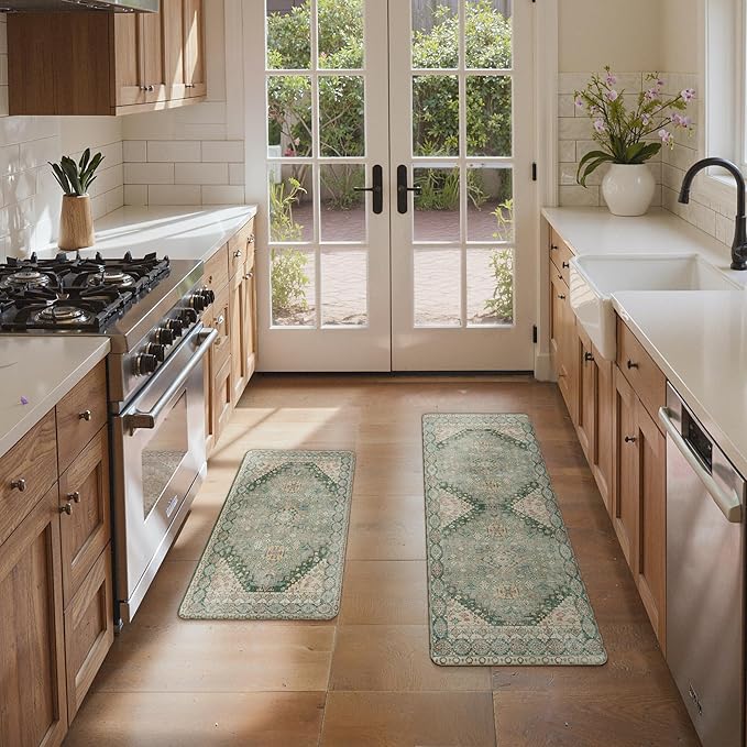 GENIMO Kitchen Mats for Floor, 2PCS Kitchen Rugs Non Slip Washable, Waterproof Anti Fatigue Mat, Comfort Standing Runner Rug for Sink, Office, Laundry, Home, 17.3"x47"+17.3"x30", Green