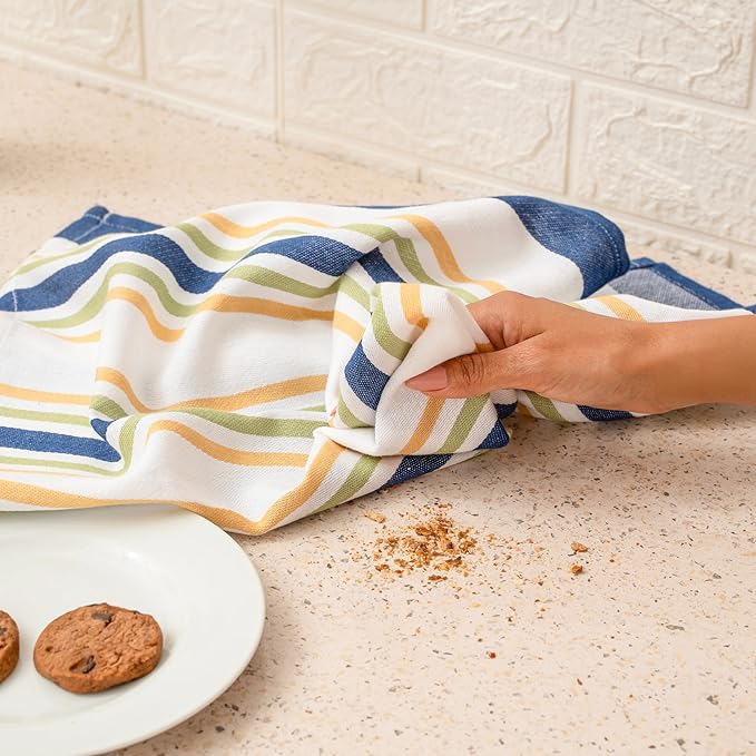 Kitchen Towel Set of 6, 100% Cotton Quick-Drying Absorbent Dish Towels & Tea Cloths, 20x30 Inch, Decorative Farmhouse Towels for Kitchen, Navy Blue Stripes