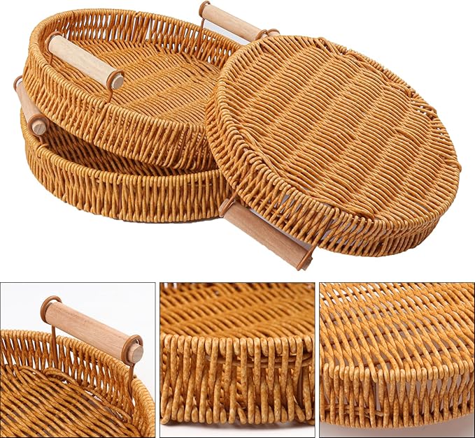 3 Pack 10.8/9.7/8.9 inch Round Rattan Tray, Round Woven Serving Basket with Handles, Storage Rattan Serving Trays for Home, Restaurant & Hotel Use, Durable & Easy-Cleaning