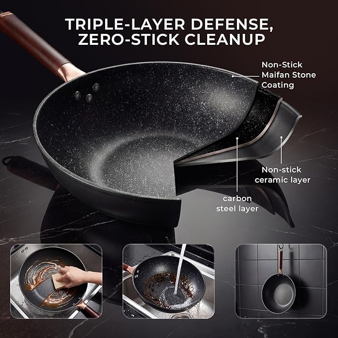 12.5-Inch Carbon Steel Wok Pan with Lid: Woks & Stir-Fry Pans Nonstick with Steamer for Cooking Pan Set, Large Deep Chinese Frying Saute Pan Wok Skillet, Induction Compatible, Stay-Cool Handle, Gifts
