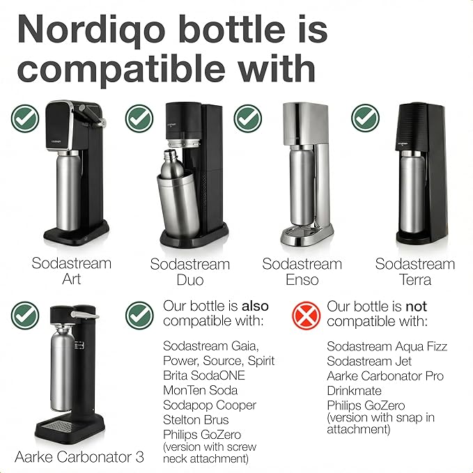 Premium 33 oz Stainless Steel Bottle | Compatible with Aarke Carbonator 3, Sodastream (excl. Aqua Fizz + Jet) and many others | Dishwasher Safe, No Expiration Date | 2-Pack