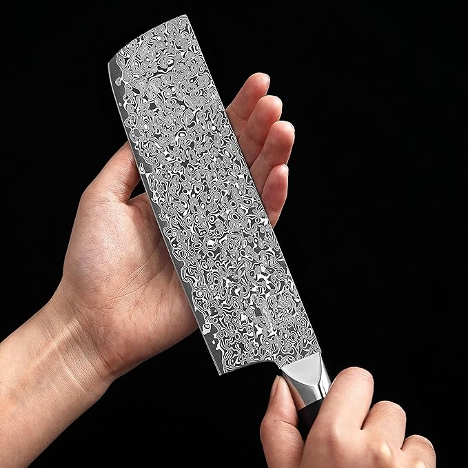 zayiko Black Edition Damascus Nakiri Knife | 18.5 cm Blade Made of 67 Layers of Fine Dark Damascus Steel | Ergonomic Pakkawood Handle | Professional Kitchen Chef's Knife Ideal for Vegetables