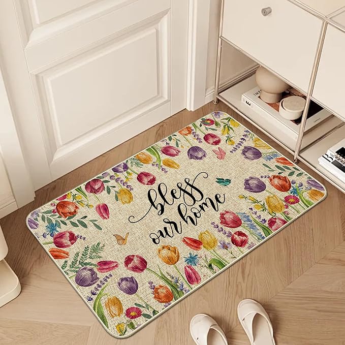 Tulip Lavender Easter Kitchen Mats for Floor Set of 2, Tulip Flower Spring Floor Mats, Non Slip Rubber Backing Kitchen Floor Mat and Rug Set for Kitchen Sink, Office, Laundry