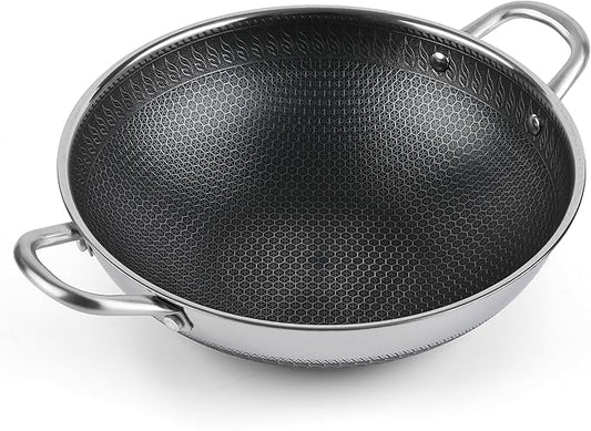 12.5Inch Stirfry Pan with Coating Stainless Steel Wok Pan with Nonstick Coating,Frying Pans, Stay-Cool Handle,Works with Gas, Electric, Ceramic Furnace Stove,Suitable for Home , Outdoor Camping