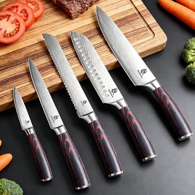 Kitchen Knife Set, Chef Knife, Utility Knife & Paring Knife for Precise Cutting, High Carbon Stainless Steel Professional Chef Knife Set with Wooden Handle, Ultra Sharp Blade (5-Piece)