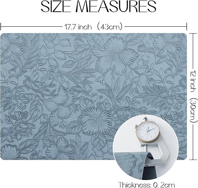 Romanstile Vinyl Placemats Set of 8-12 X 17 Inch - Heat Resistant Non-Slip Embossed Floral Place Mats 100% Waterproof Oilproof Wipeable Faux Leather Table Mats for Kitchen/Dining/Party, SkyBlue