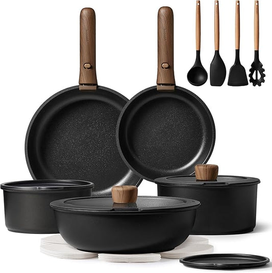 CAROTE 19pcs Pots and Pans Non Stick, Cookware Sets Detachable Handle, Induction Kitchen Pots and Pans,NonStick Cooking Set, Oven/Dishwasher/Fridge Safe, Space Saving
