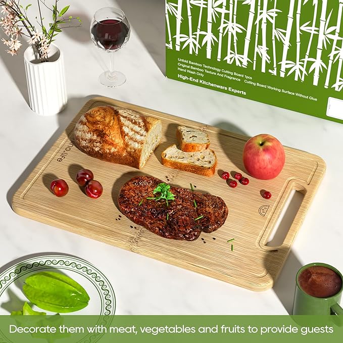 No Glue and Healthy & Organic Wooden Non Toxic Small Bamboo Cutting Board with hands for Kitchen,Plastic Free, Juice Groove, Non-solid Wood Cutting Board for Meat, Vegetables and Fruits (12 * 8inch)