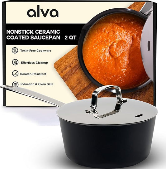 Alva Maestro 2QT Ceramic Nonstick Saucepan with Lid – Non-Toxic Easy to Clean Pot, Oven Safe, and Induction Ready – Belgian-Designed for Effortless, Healthy Everyday Cooking