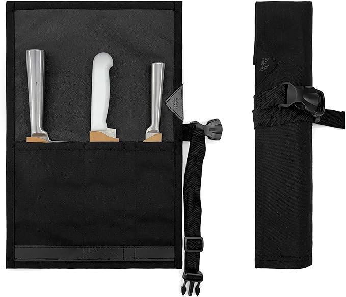 Under NY Sky Knife Roll Case - 3 Slots - Heavy Duty Oxford Canvas Pouch - Leather Reinforced - Portable Bag for Cooking Tools, Utensils, Cutlery Knives, Brushes - Chefs, Kitchen, Travel, Gift - Black