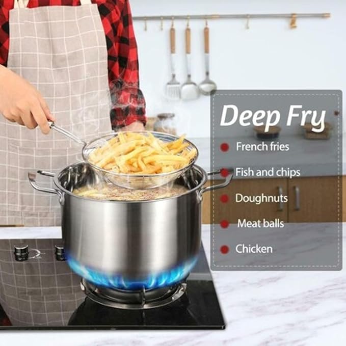 Kitchen Strainer Spoon for Deep Frying, Fine Mesh Oil Strainer with Long Handle for Cooking, Pasta, Noodles, French Fries and Fried Snacks