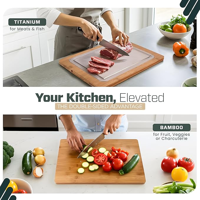 KoruPeak Pure Titanium Cutting Board - Double-Sided Titanium Cutting Boards for Kitchen with Bamboo Side - Large 16"x12"