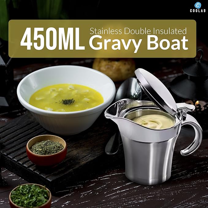 450ML Stainless Steel Gravy Boat with Lid – Double Insulated Gravy Pitcher for Hot & Cold Sauces – Elegant Sauce Boat Small Gravy Server for Steak, Turkey, and Holiday Dinners