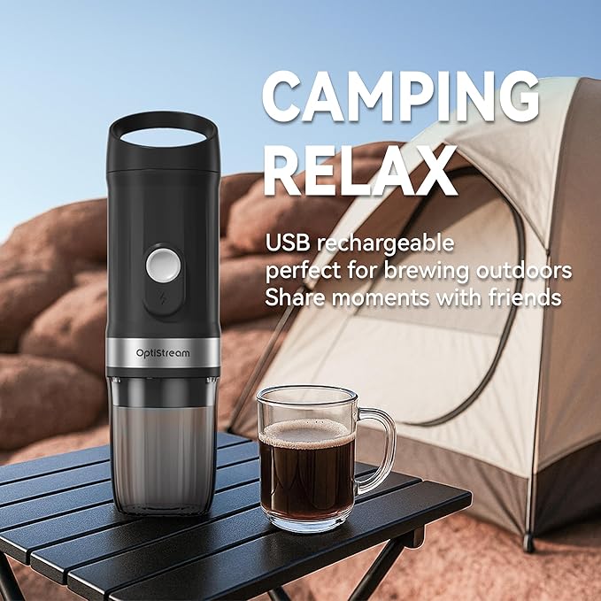 Optistream Portable Electric Espresso Machine, Travel Coffee Maker for Camping, Car Coffee Maker Self-Heating with USB-C, With Ground Coffee & NS Capsule for RV, Hiking, Office (Black)