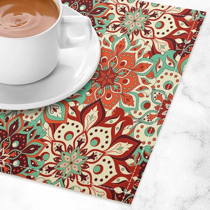 Mandala Placemats Set of 4 Vintage Bohemia Brown Turquoise Flower Art Printed Dining Table Mats for Restaurant Home Kitchen Holiday Picnic Party Decor 12x18in