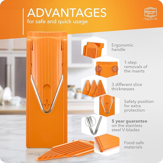 Börner Mandoline Slicer V3 (Basic Set) • V-Slicer for Vegetables & Fruits • Adjustable Kitchen Slicer • 3 Thickness Settings • With Rubber Feet & Stainless Steel V-Blade • Color: Orange