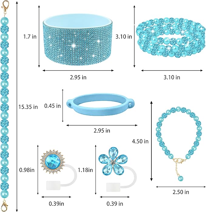 9PCS Blue of Stanley Cup Accessories Set 30/40 OZ Bling Pearl Rhinestones Charms for Stanley Decorations Tumbler Accessories Including Flower Straw Topper, Rhinestones Boot 30/40 OZ
