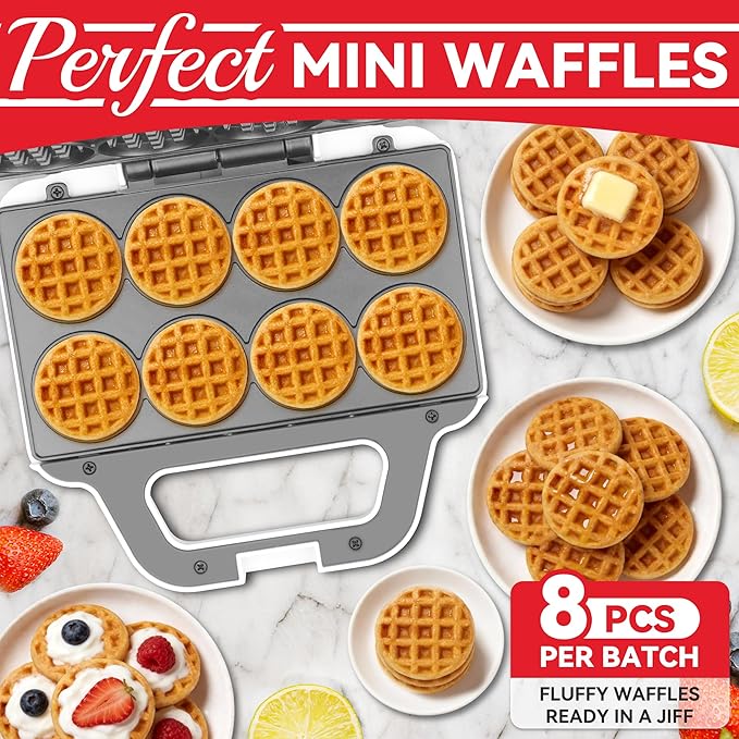 Mini Waffle Maker Machine, Tiny Waffle Bites Iron for Kids, Bake 8 x 2'' Tiny Waffle Bites, Small Waffle Maker, Compact & Easy Use, Non Stick Surface, Recipe Included, White