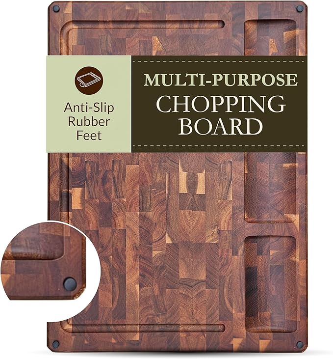 Premium Extra Large Thick End Grain Acacia Wood Cutting Board with Non-Slip Feet, Juice Groove, Sorting Compartments for Kitchen 20x15x1.5