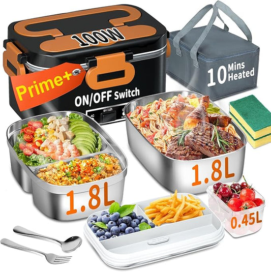 Electric Heated Lunch Box for Adults, 100W 3-IN-1 2 Pack 1.8L Containers Heating Lunch Box for Men Portable Double Layer, Fast Heated Food Warmer,12V/24V/110V for Car Truck Office Home