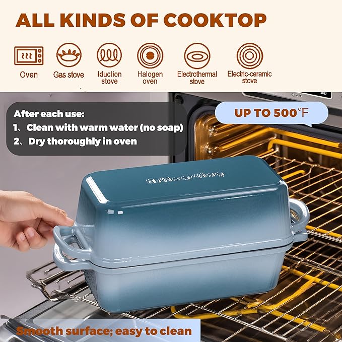 Articasting 11x5 Inch Cast Iron Bread Loaf Pan With Lid, 5.8 Qt Large Loaf Pan for Sourdough Bread Baking, Heavy Duty Dutch Oven Bread Pan For a Crispy Crust, Seasalt