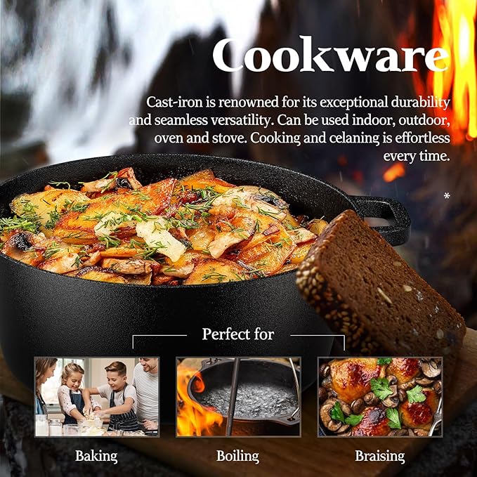 Slow Slog Cast Iron Dutch Oven for Bread Baking, 5QT Cast Iron Bread Pan with Lid, Sourdough Baking Supplies Tools like Banneton Proofing Basket, Bread Dutch Oven