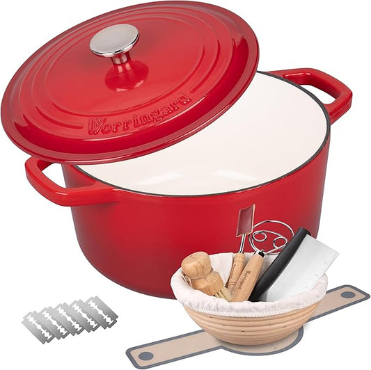 VORRINGARD Enameled Cast Iron Dutch Oven Pot with Lid, for Bread Baking, Round Bread Oven- include Sourdough Bread Baking Supplies Set, 4.5QT, Red